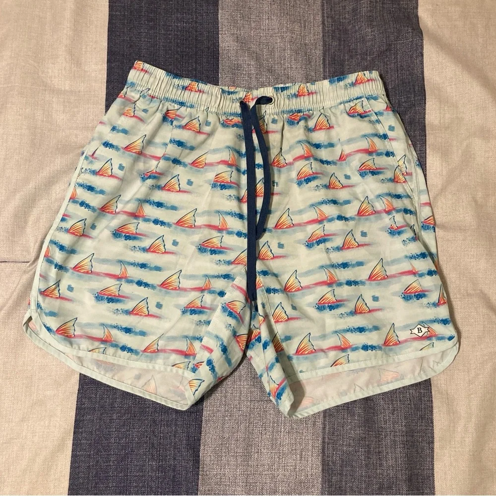 Burlebo Mens Swim Trunks Sz M Fins Ocean Sea Fish Aquatic Blue
